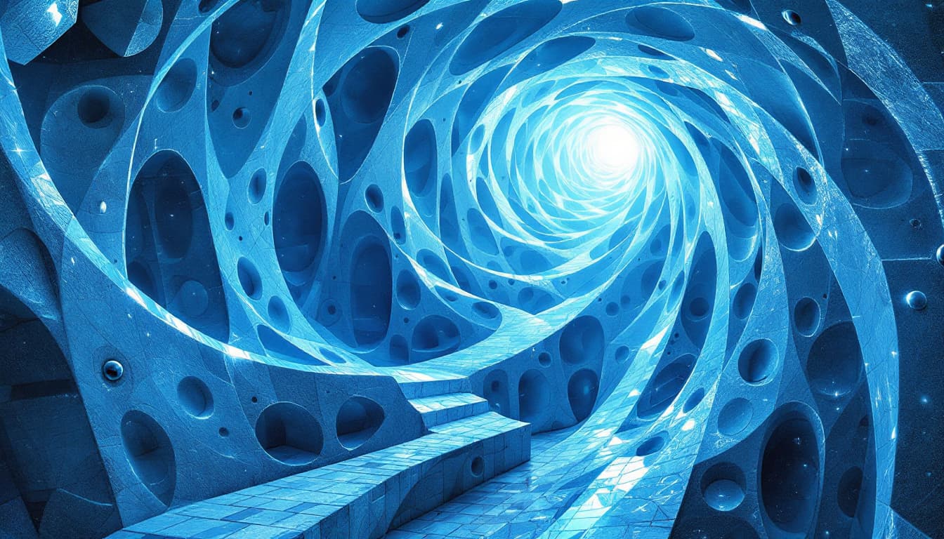 AI generated: a tecnological version of the famous drawing "Metamorphosis" by Escher with a light blue colour as a...