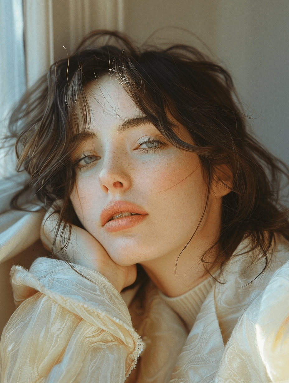 AI generated: beautiful woman in a white jacket with her head on her chin, in the style of yigal ozeri, webcam pho...