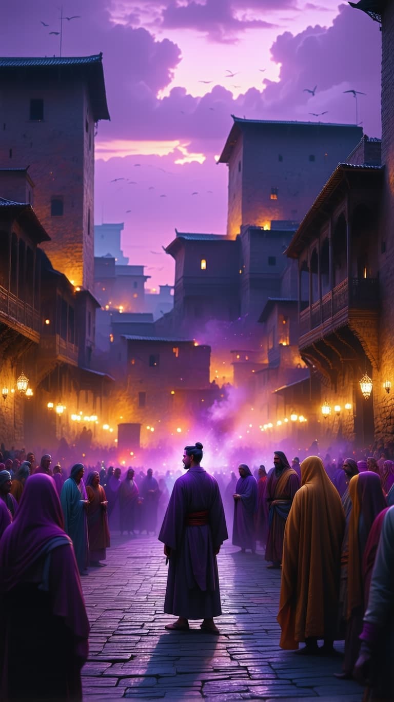 AI generated: A bustling town square in an ancient city, surrounded by old buildings with warm glowing lights. A l...