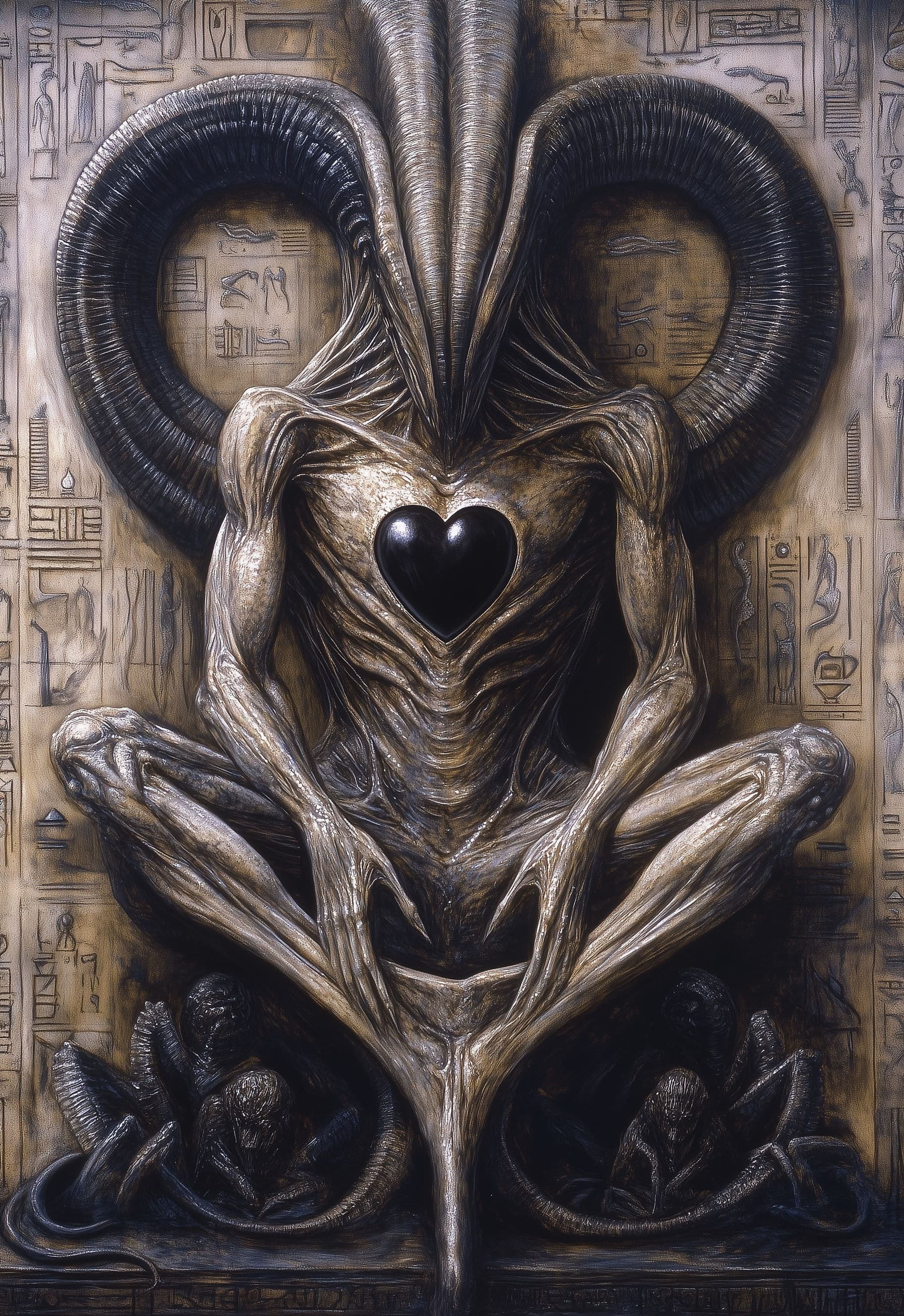 AI generated: H.R. Giger's painting depicts an ancient alien god lying on his back, surrounded by otherworldly ser...