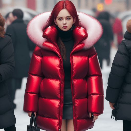 AI generated: a woman in a puffy red shiny down-filled coat