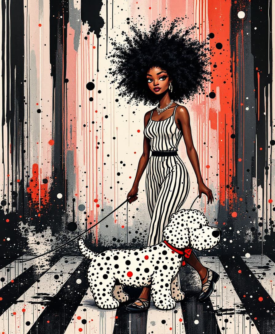 AI generated: Black Woman, big Afro hair, striped walking a dotted doodle dog with exaggerated features. (((Coarse...