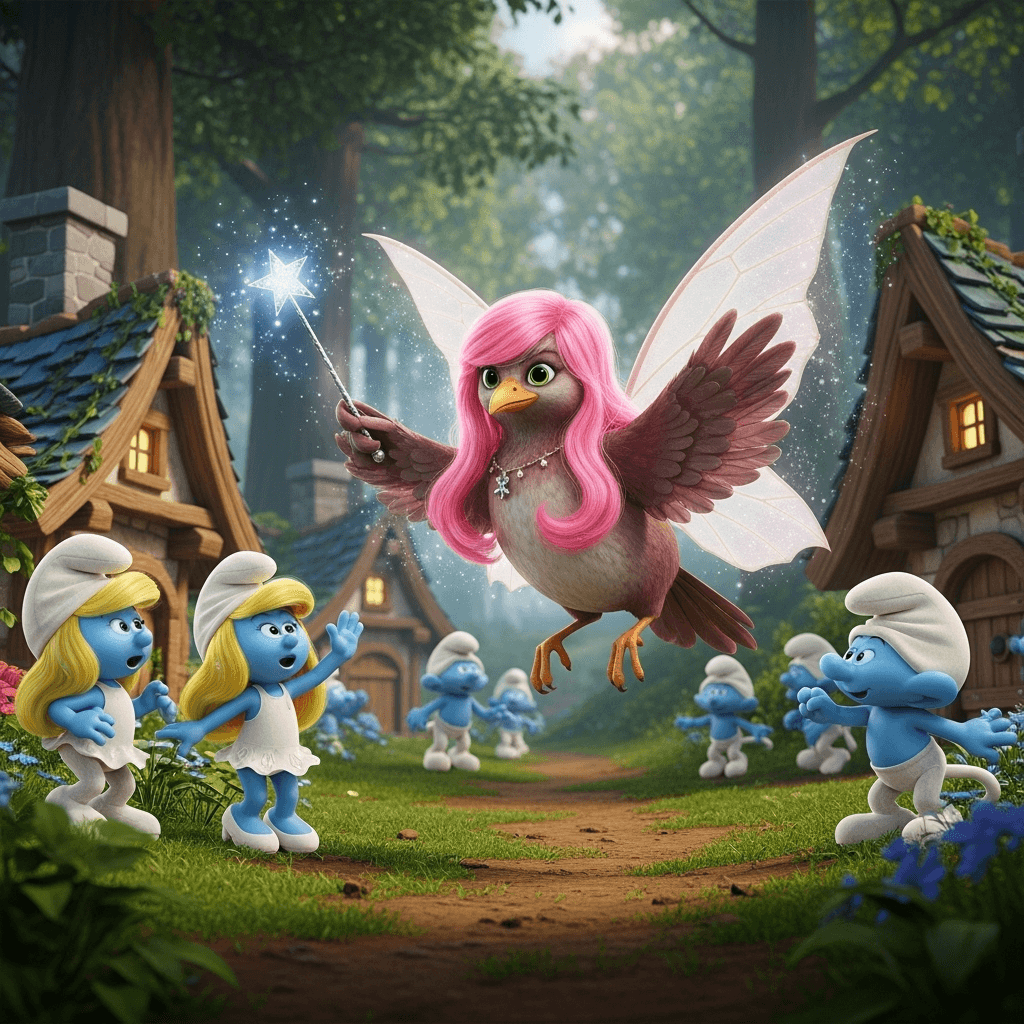 AI generated: un pajaro con peluca  alas de hada con una barita magica haciendo magia en el bosque con pitufos 