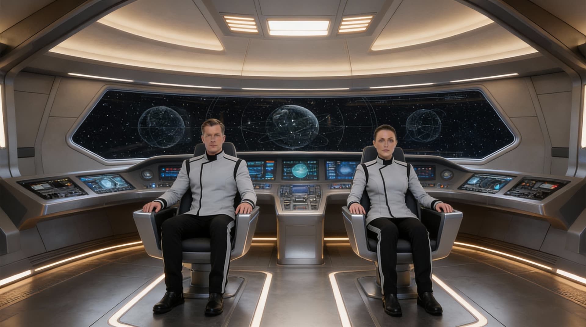 AI generated: 
Create a Sci-Fi scene. Place the two characters in Reference image 2 in the two forward chairs on t...