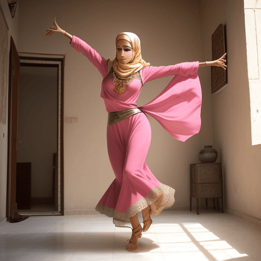 AI generated:  images with a beautiful Palestinian woman dancing around the rebels of her house, in the style of l...