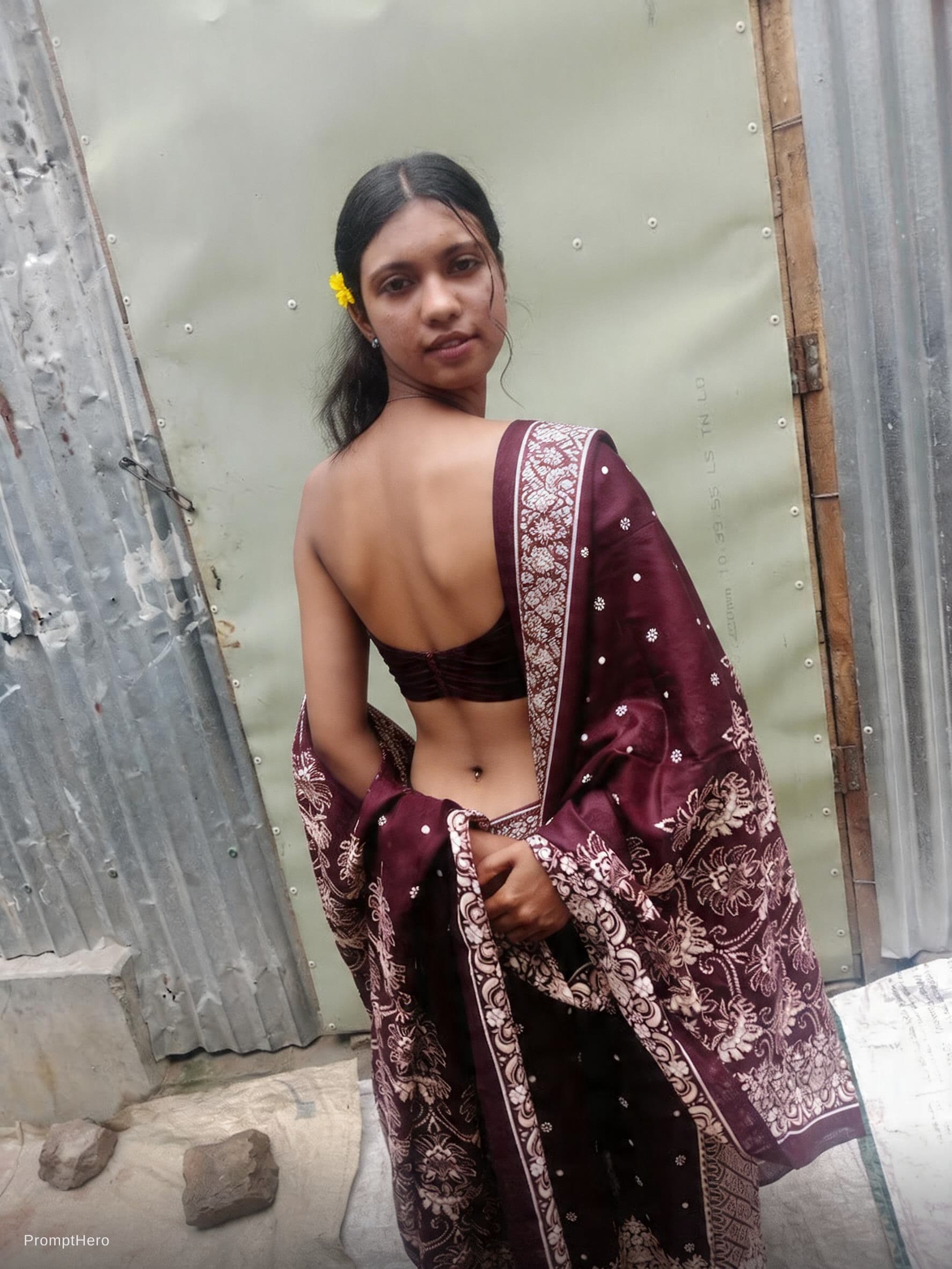 AI generated: Remove her dress. Wearing a back saree. Show her navel