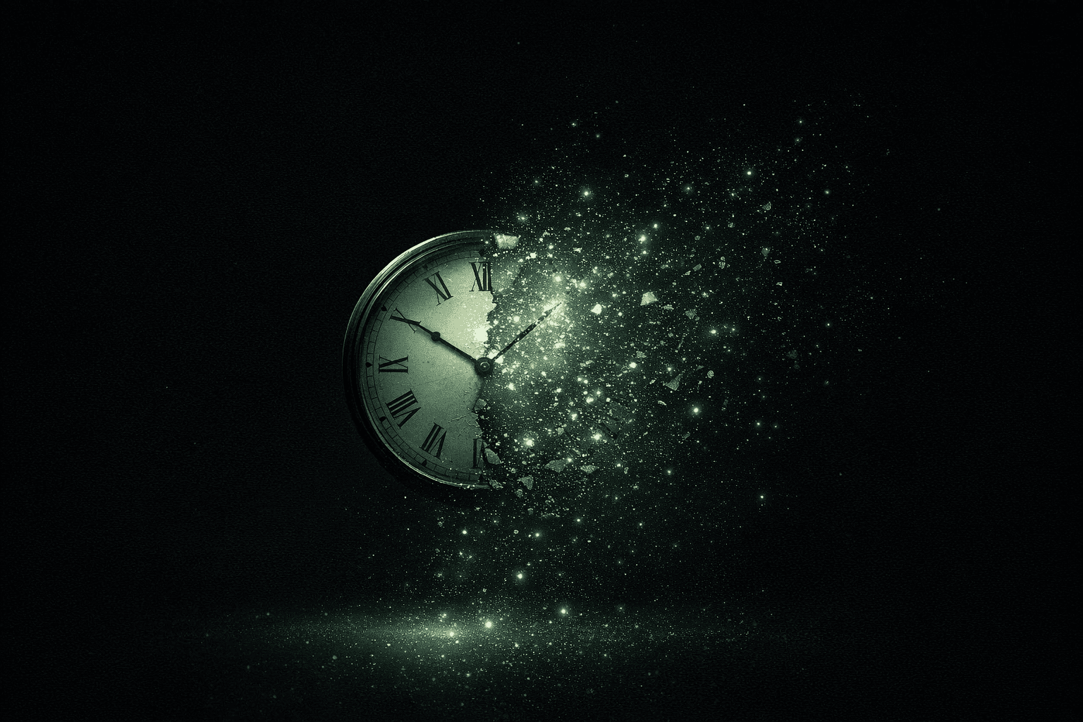 AI generated: abstract cinematic illustration, broken clock dissolving into light particles, dark background, gree...