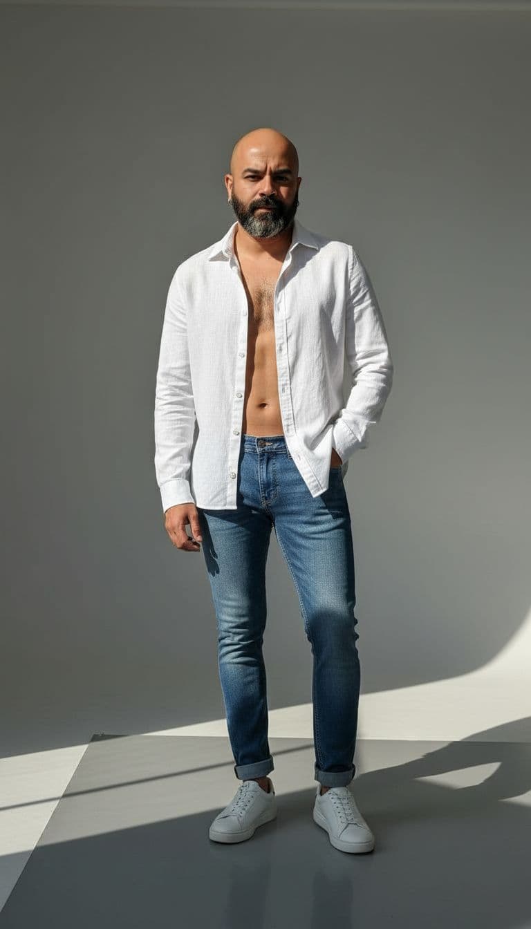 AI generated: a stylish young man with a lean, toned physique (around 57 kg, 5'6 tall) — his beard remains unchang...