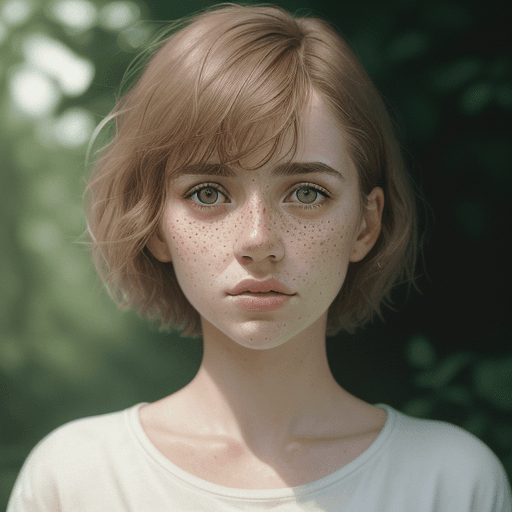 AI generated: Detailed and realistic portrait of a woman with freckles, round eyes and short messy hair shot outsi...