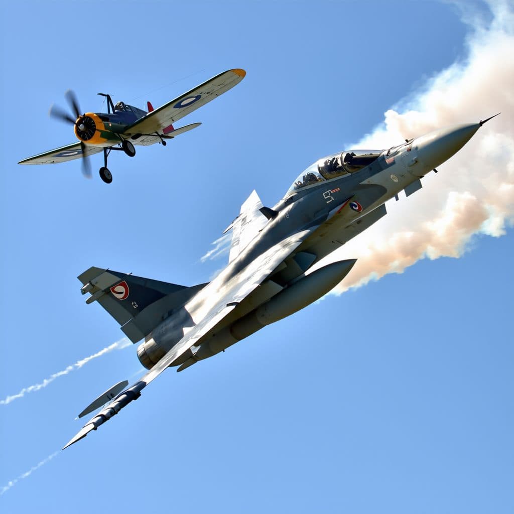 AI generated: An gripen Fighter jet doing a roll at supersonic speed while being chased by a Fokker Tri-plane