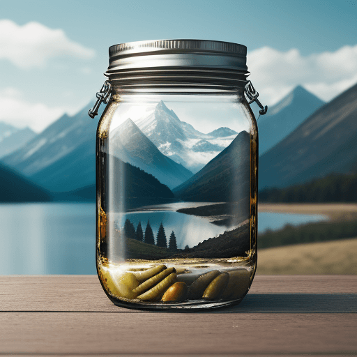 AI generated: pickle jars, poster, legend; LANDSCAPES IN A JAR, high quality, film grain, Fujifilm XT3