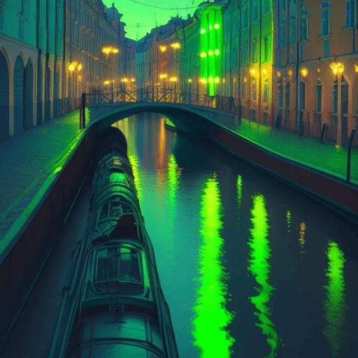 AI generated: excursion along the canals of St. Petersburg, green neon light, futuristic, realism

