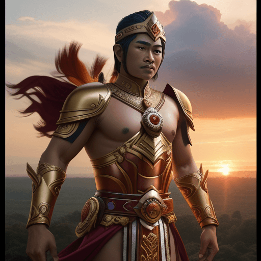 AI generated: photo of "Gatot Kaca" indonesian Javanese Hero, sunrise, shot on a Sony Mirrorless camera, DSLR, 85m...