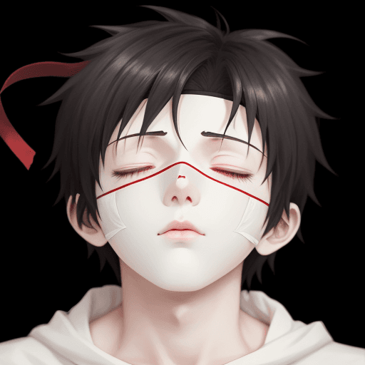 AI generated: boy, eyes sewn shut with a red string, white background, closed eyes sewn shut, anime art, high deta...