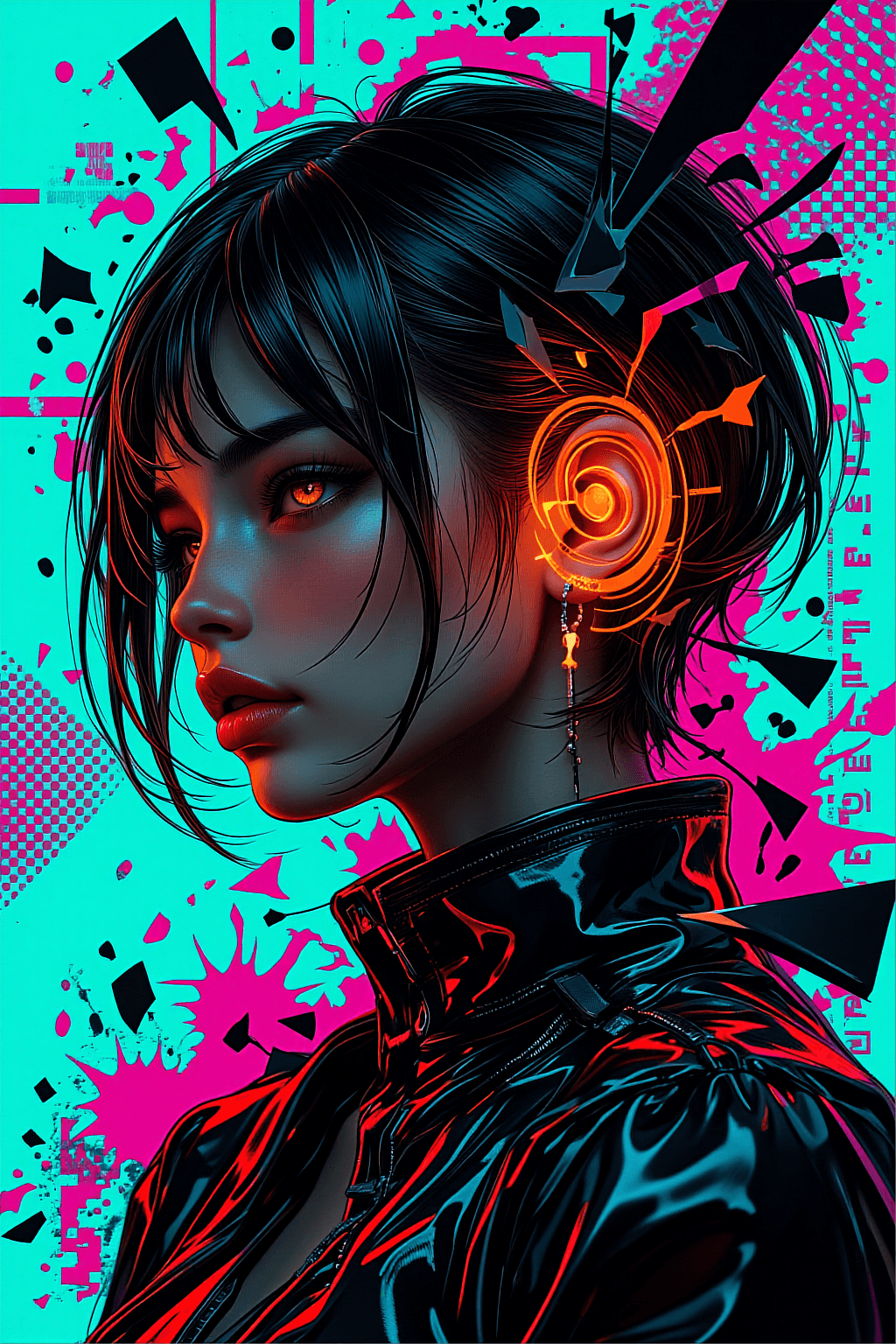 AI generated: A vertical mixed-media digital art masterpiece featuring a side-profile portrait of a cyberpunk japa...