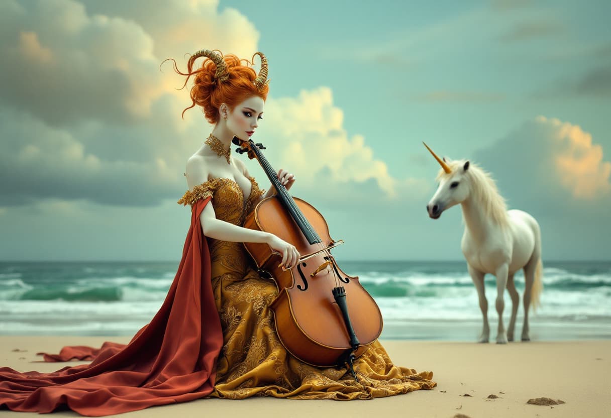 AI generated: Create an imaginative scene depicting a surreal beach landscape. In the foreground, a female figure ...