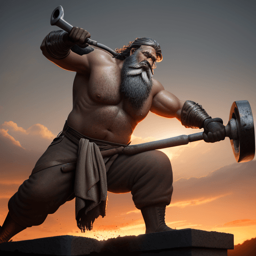 AI generated: Photo of a ultra realistic bronze sculpture featuring a powerfully built, middle-aged blacksmith wit...