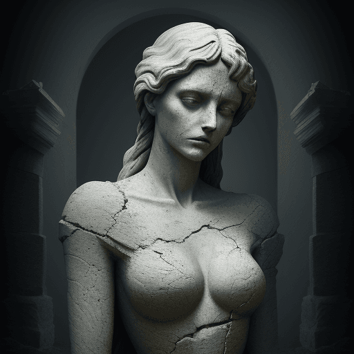AI generated: broken woman represented by a stone statue breaking apart in the style of an eerie digital painting,...