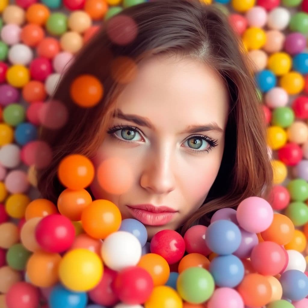 AI generated: A woman's face is hidden behind colorful balls of candy, creating an artistic double exposure effect...