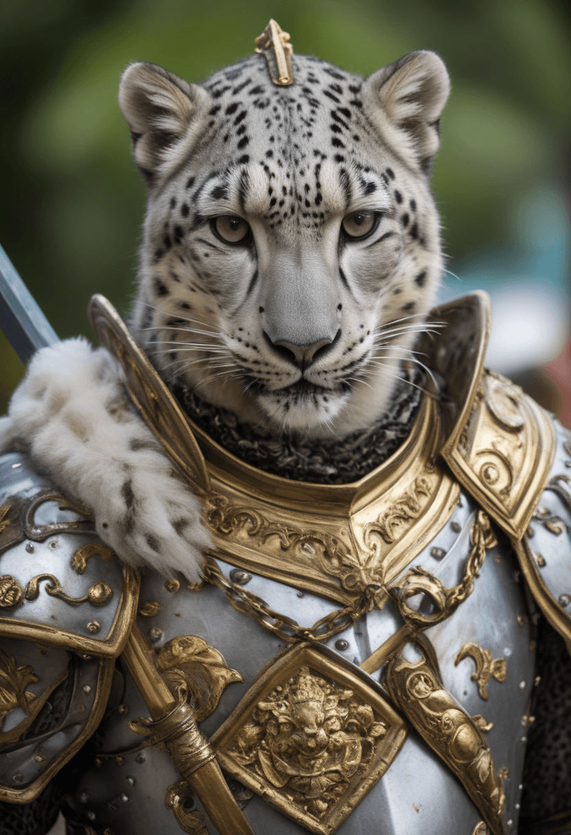AI generated: Snow Leopard as a knight ,Caribbean Carnival style  