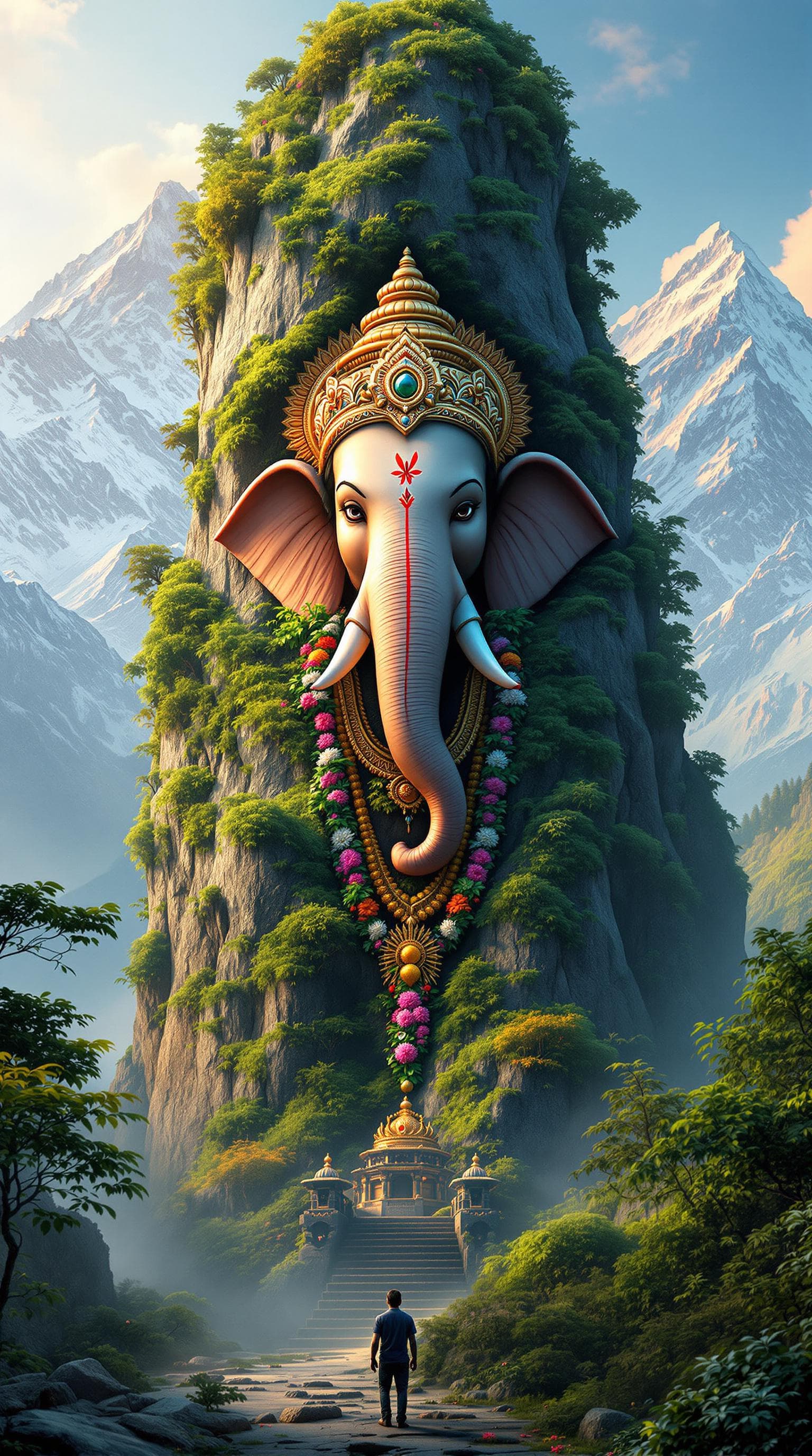 AI generated: "Ultra-realistic depiction of a massive Lord Ganesha statue carved into a lush green mountain, intri...