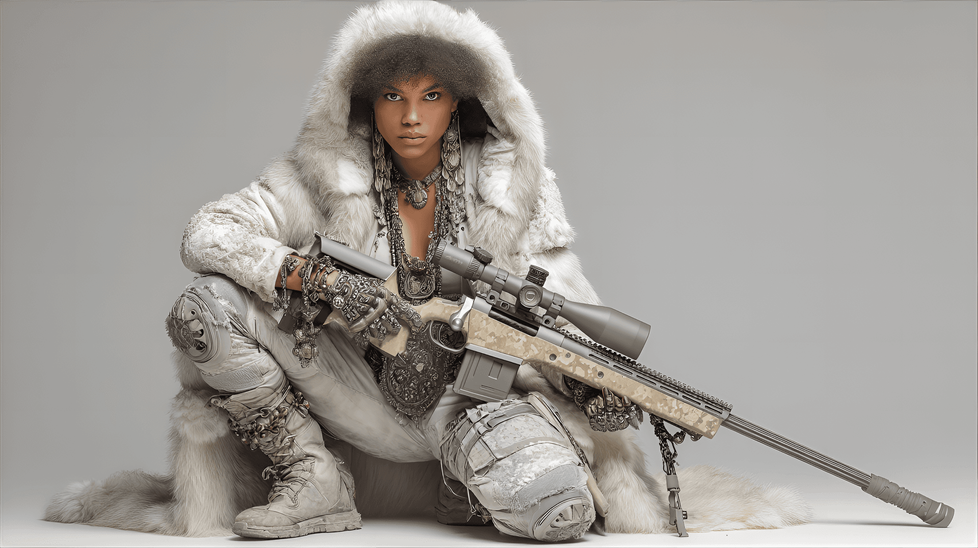 AI generated: woman kneels in a fur-lined, white coat adorned with jewelry and accessories, revealing a tactical o...