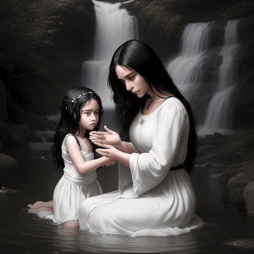 AI generated: /imagine prompt: a young mother sits next to a stream, bathing her daughter. the mothers clothes are...