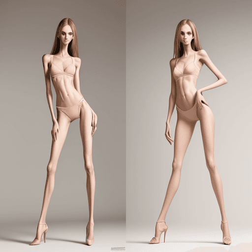 AI generated: photo of two an extremely skinny, flat-chested model with extreme long and skinny legs with extreme ...