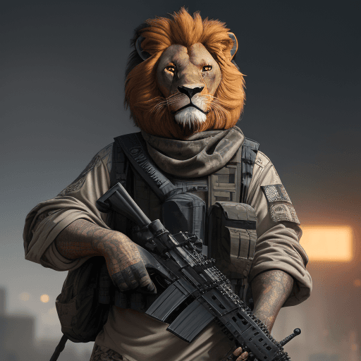AI generated: A menacing lion terrorist wearing rag-tag attire, holding a customized rifle, anthropomorphic, super...