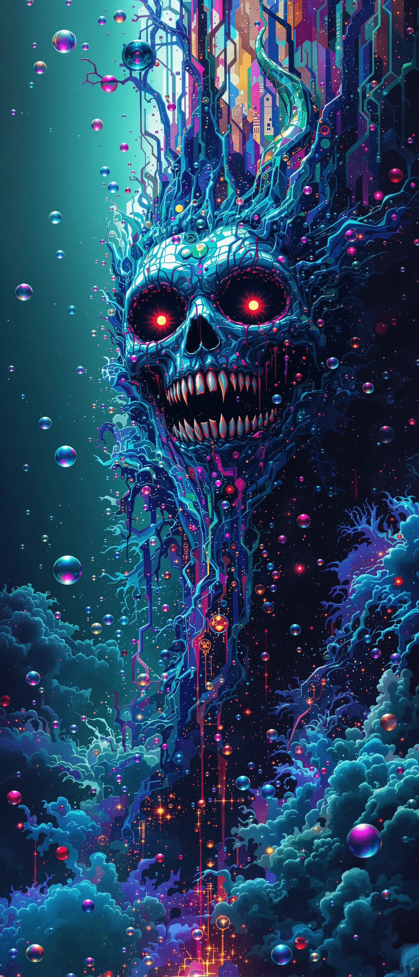 AI generated: abyssopelagic heretic, sinister sly smile bubble escapade, doomed user, glitch art in oceanic 3d tec...