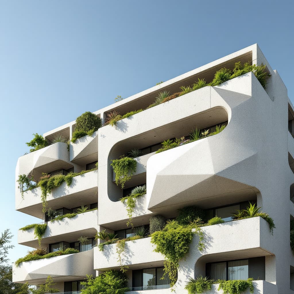 AI generated: An athenian block of buildings in Greece where there are vertical sun protection arrowed concrete pa...