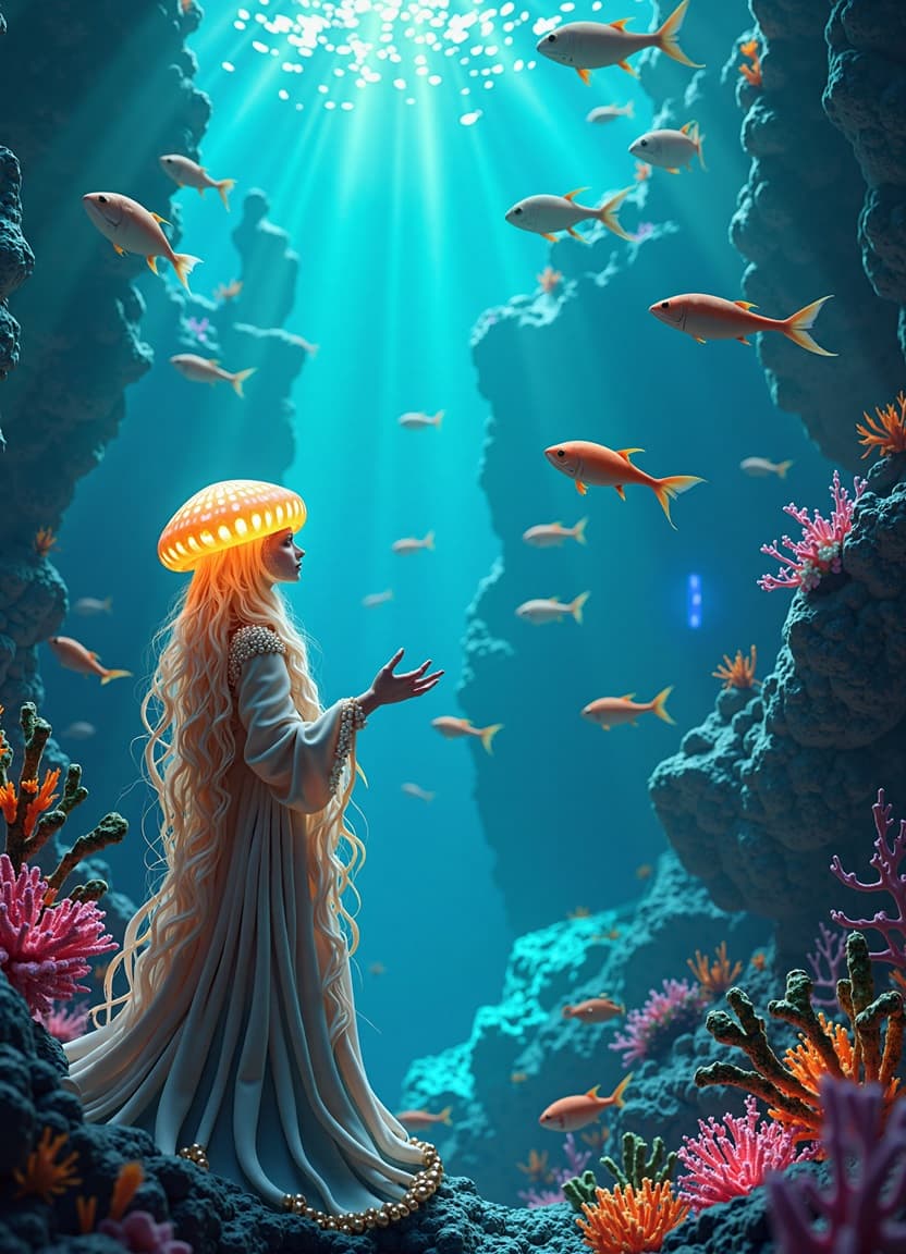 AI generated: A futuristic underwater city illuminated by glowing bioluminescent structures, with skyscrapers made...