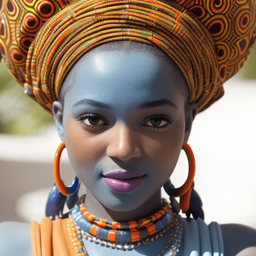AI generated: a Carmel-skinned beauty dressed in a very colorful outfit, in a african style uhd image, light blue ...