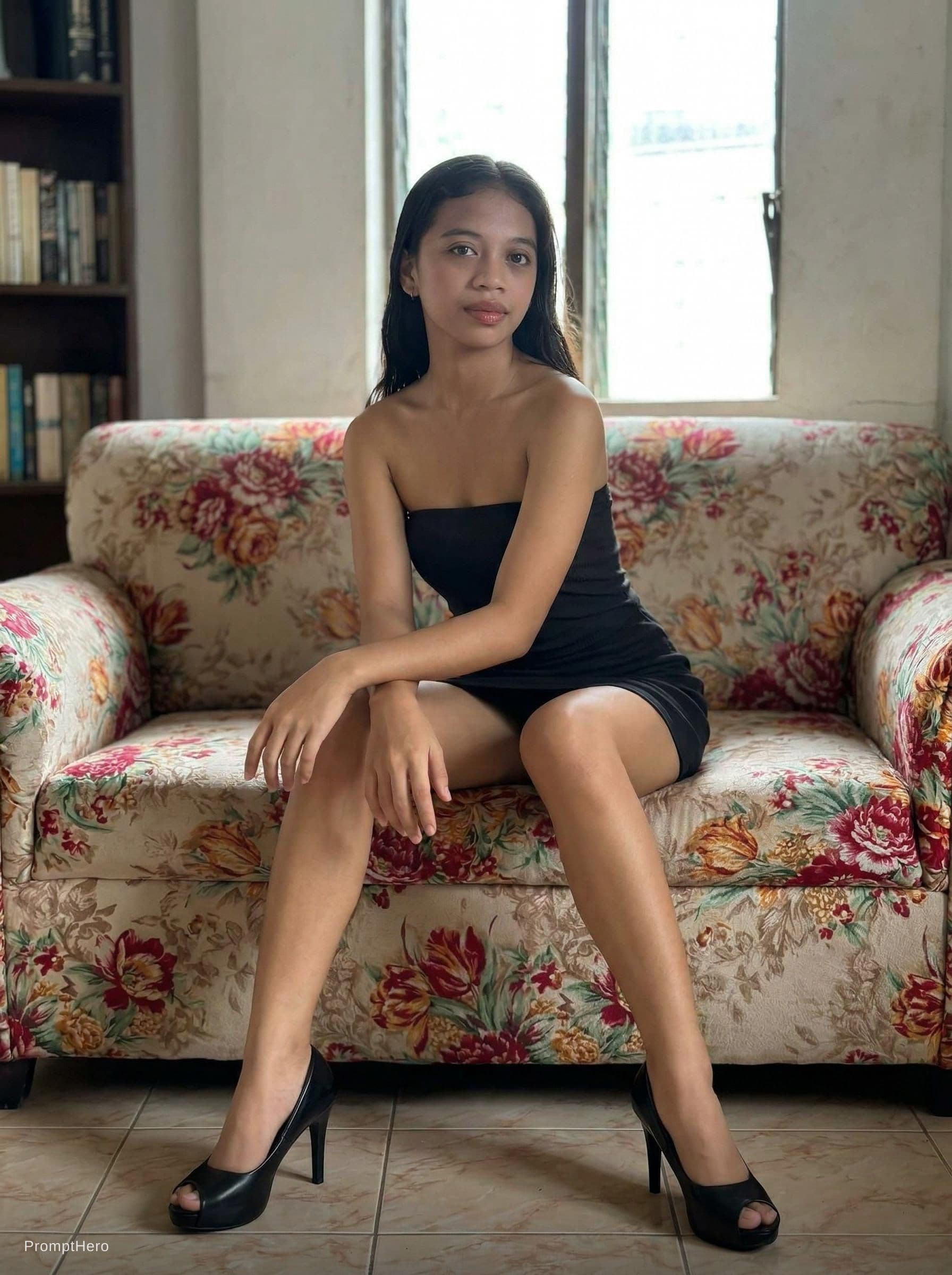 AI generated: Change the angle to upright, with the subject sitting gracefully on a sofa. Capture her full body, e...