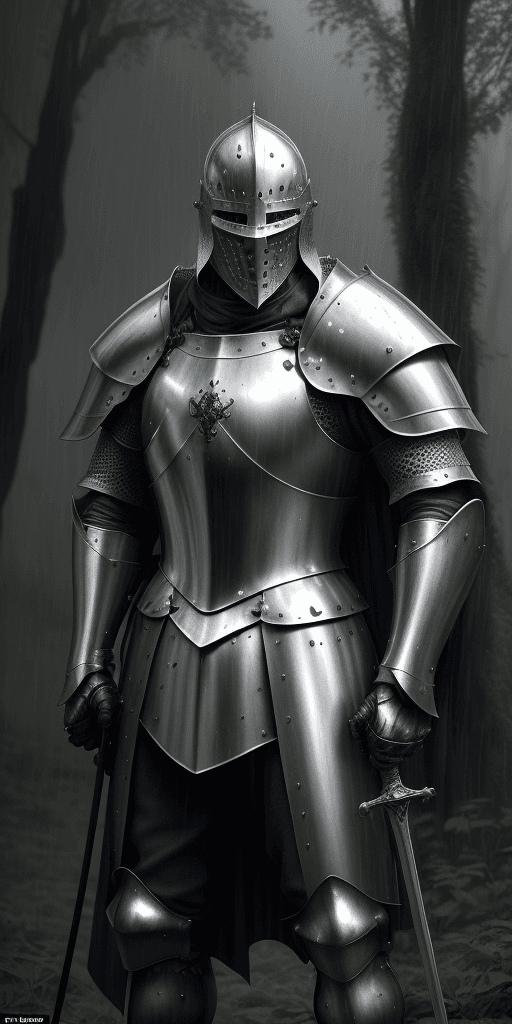 AI generated: Generate a hyper-realistic portrait of a knight standing in a dense forest near a medieval village. ...