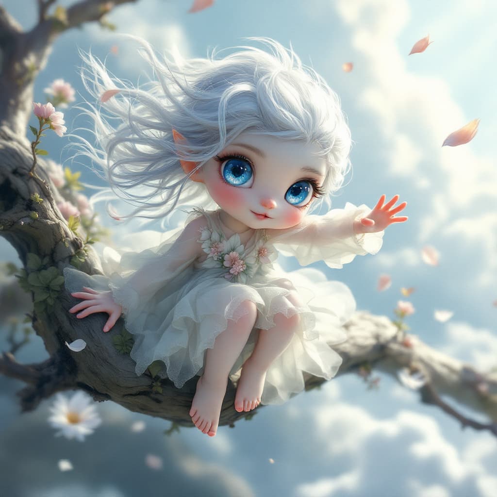 AI generated: highly detailed fantasy illustration of a tiny, cute 30 cm tall humanoid creature with human-like fe...