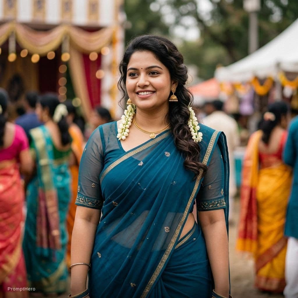 AI generated: create full transparent blouse and saree curvy indian babe with full cleavage, cleavage should be cl...