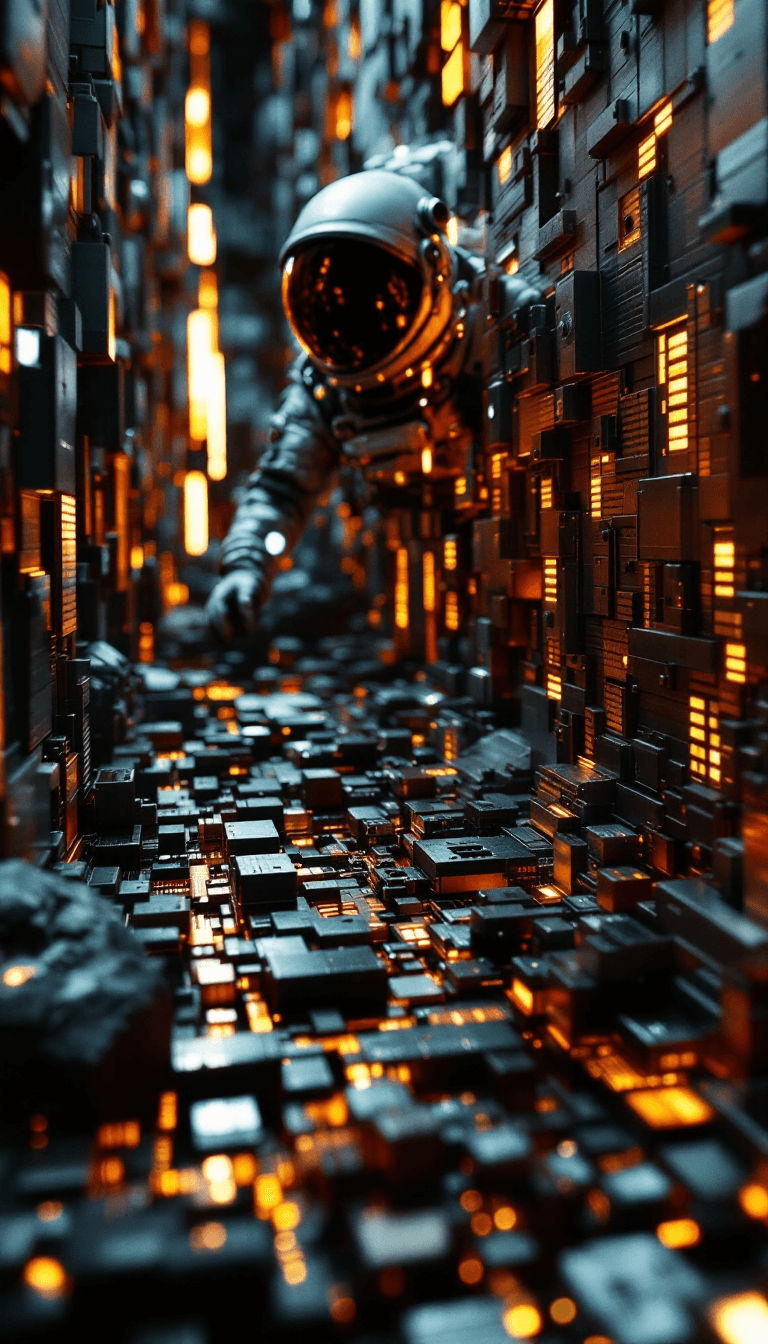 AI generated: wide angle photo of an astronaut:: minimalist space metal basket weaving blocks, in the style of mov...
