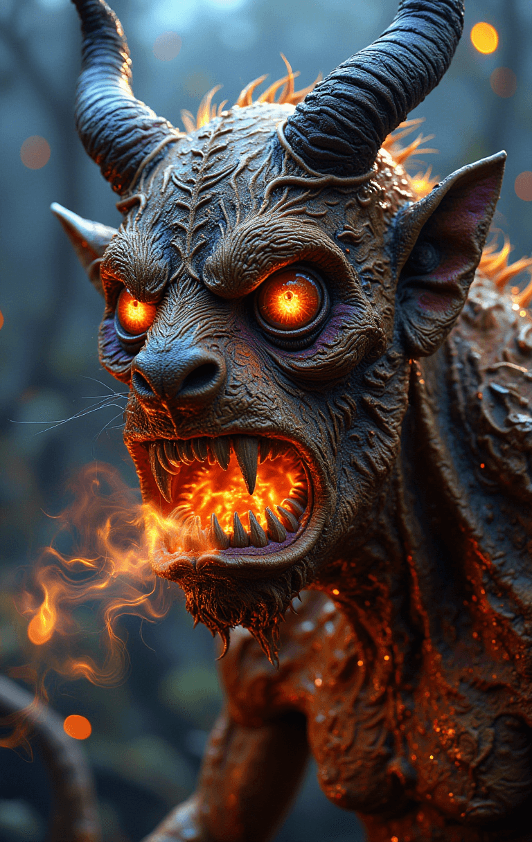 AI generated: Capture a close-up, menacing shot of a mythical creature with a hairy face, focusing tightly on its ...