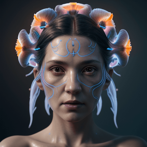 AI generated: Goddess close-up portrait ribcagel. jellyfish phoenix head, nautilus, orchid, skull, betta fish, bio...