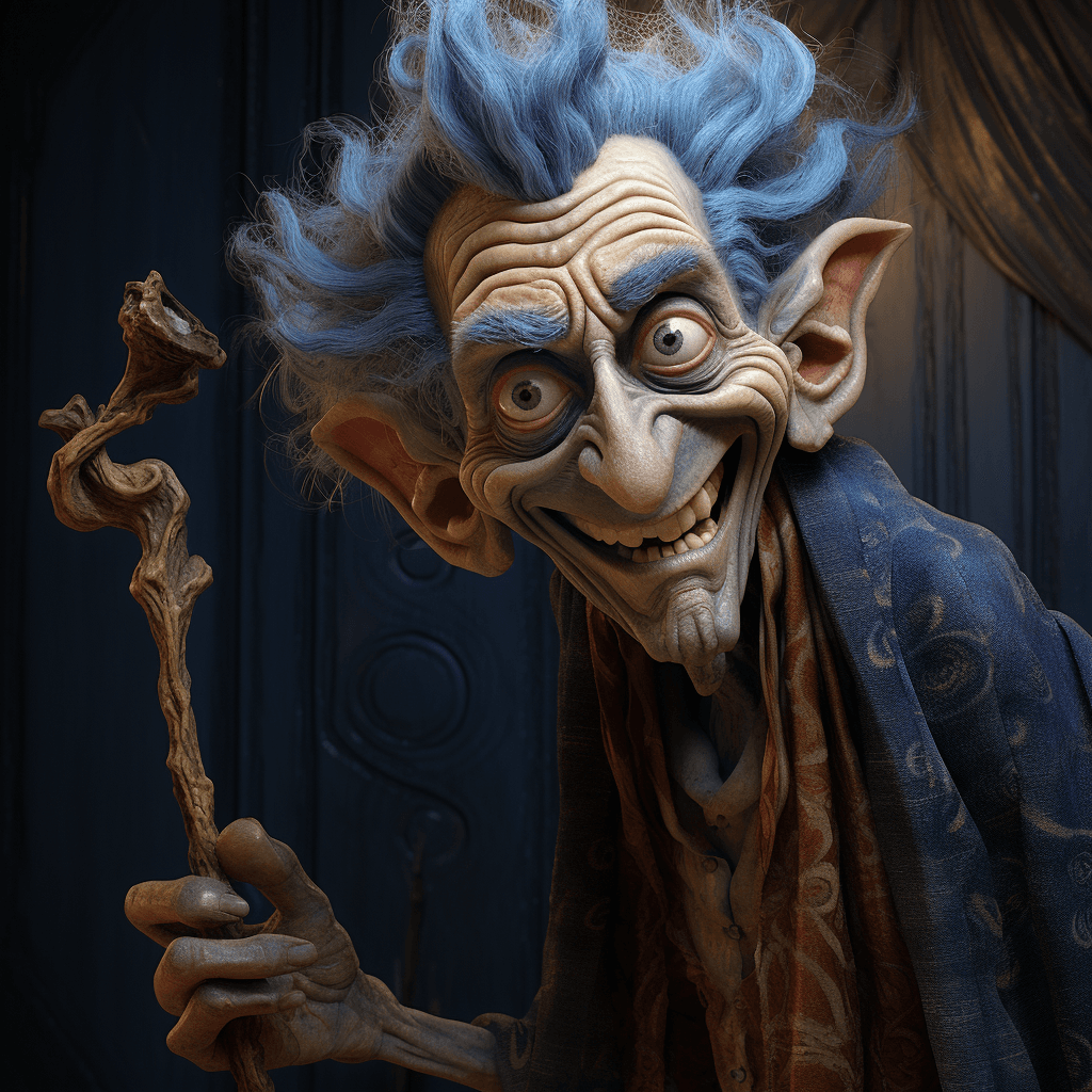 AI generated: a 40 years old man with blue hair and an ornate clothing, in the style of dynamic and exaggerated fa...