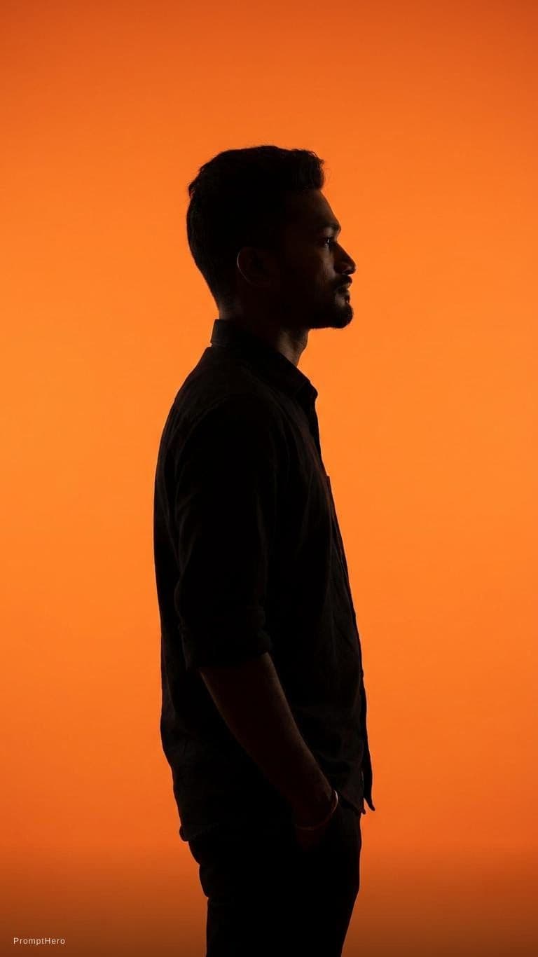 AI generated: photography, portrait of contrast, profile silhouette of a black man, vibrant orange backdrop, visua...