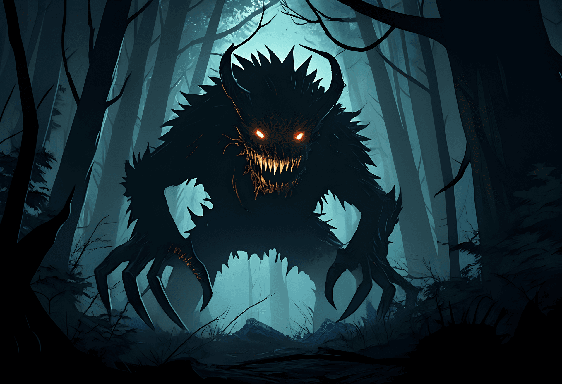 AI generated: Terrifying cartoon monster lurking in a dark, foreboding forest, cinematic and dramatic composition,...
