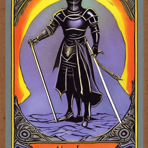 AI generated: A vintage tarot card depicting a knight in black armor stands on the edge of an abyss, holding his s...