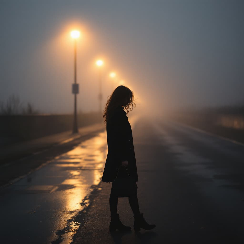 AI generated: girl standing on a foggy pavement while holding her purse, in the style of yigal ozeri, video, beach...