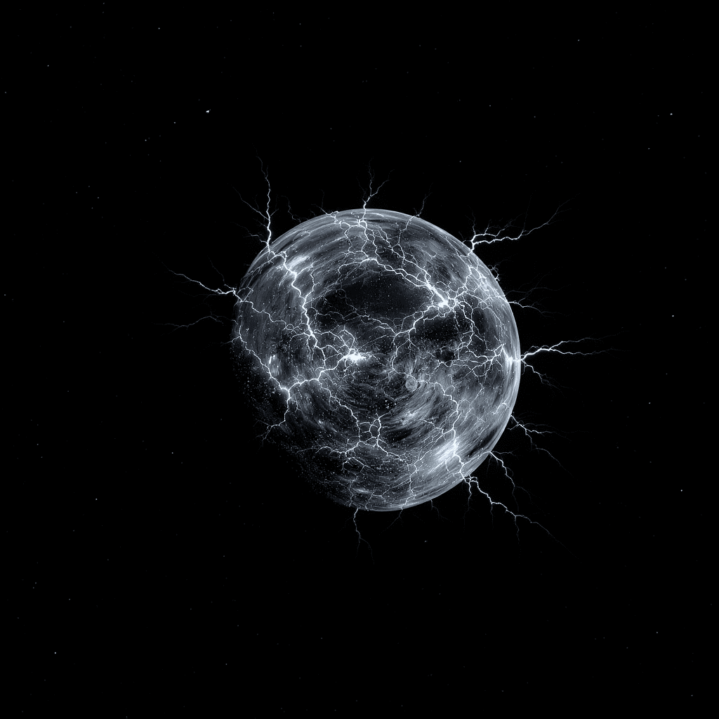 AI generated: a grey, White and black gas Dwarf that has white lightning storms covering its surface with that lik...