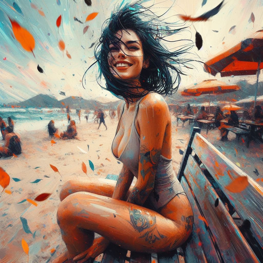 AI generated: aesthetic, painterly style, modern ink, urbanpunk, A high ground angle shot, a pretty smiling woman ...
