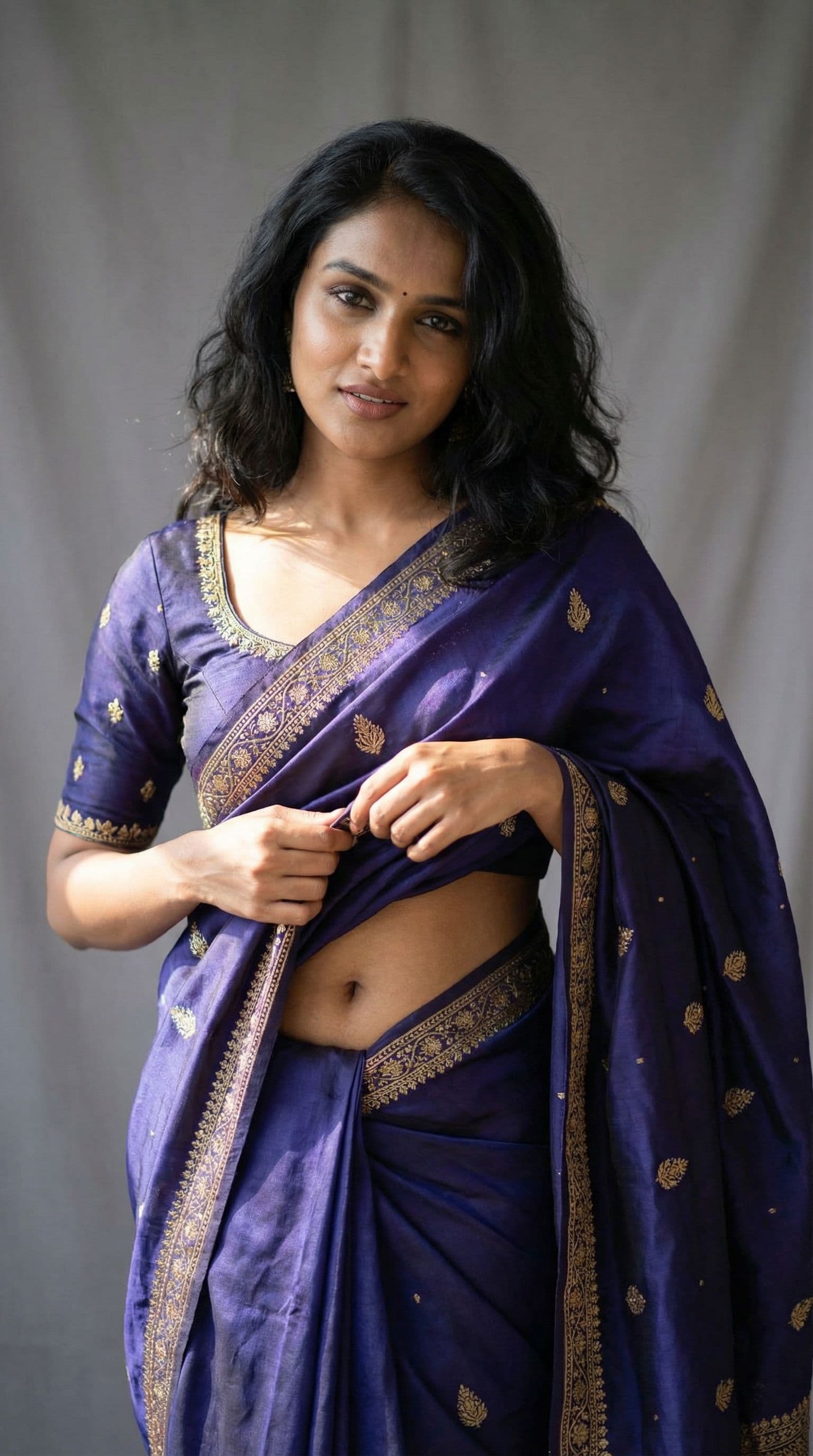 AI generated: Showing navel by lifting up top saree