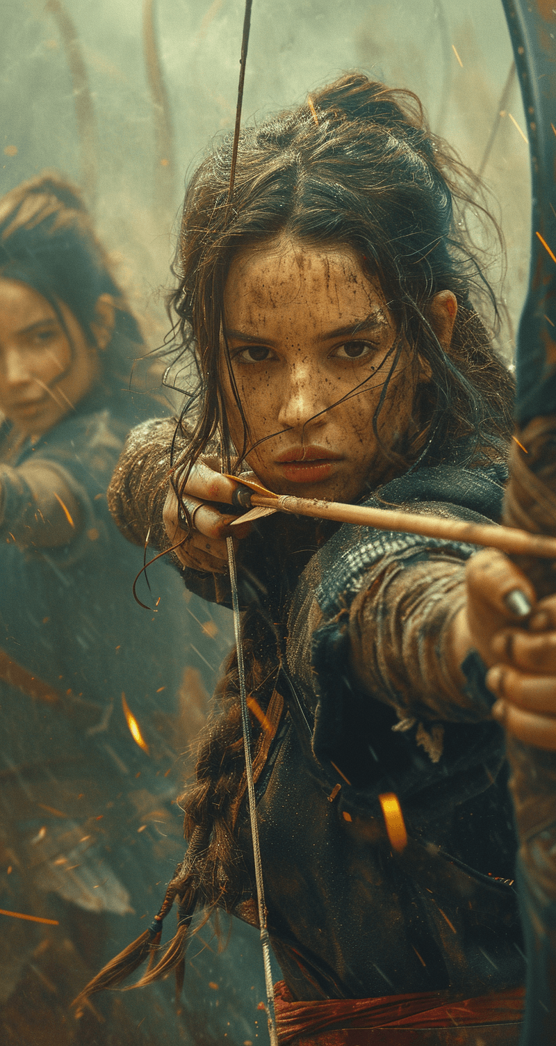 AI generated: women archers with bows, in the style of historical reimagining, cinematic montages, dark & explosiv...
