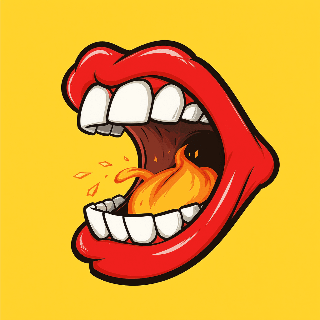 AI generated: A fun, exaggerated cartoon mouth seen from the side, wide open as if roaring or about to eat somethi...